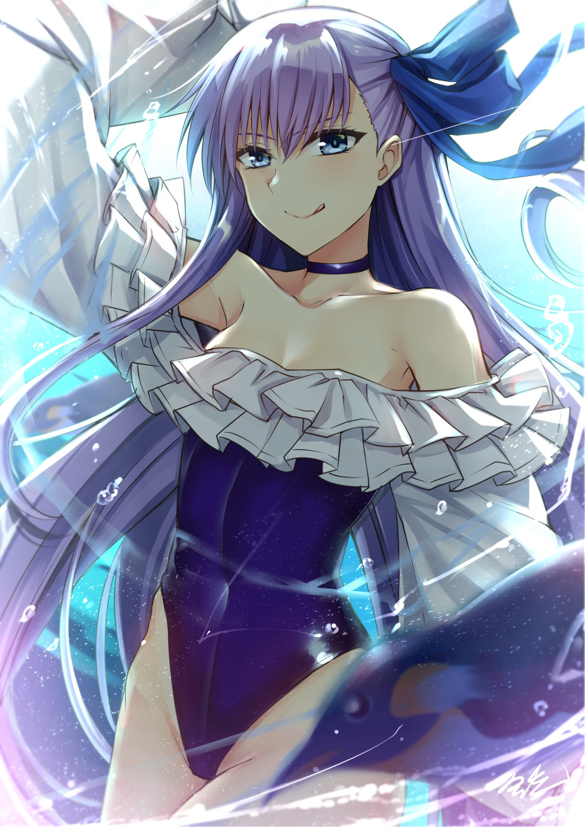 1girl absurdres animal bangs bare_shoulders bird blue_eyes blue_ribbon blue_swimsuit breasts choker collarbone commentary_request eyebrows_visible_through_hair fate/grand_order fate_(series) frills gu_li hair_ornament hair_ribbon highres long_hair looking_at_viewer medium_breasts meltryllis meltryllis_(swimsuit_lancer)_(fate) navel penguin purple_hair ribbon sleeves_past_wrists solo swimsuit tongue tongue_out