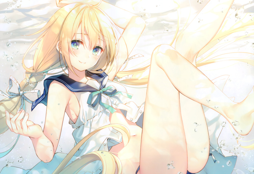 1girl absurdres arm_up armpits ass bare_arms bare_shoulders barefoot bikini blonde_hair blue_bikini blue_eyes blue_sailor_collar breasts buttons closed_mouth floating_hair freediving hair_ribbon highres huge_filesize legs_up long_hair looking_at_viewer low_twintails medium_breasts navel original partially_unbuttoned ribbon sailor_collar sailor_shirt scan shirt side-tie_bikini sidelocks sleeveless sleeveless_shirt smile solo swimsuit toosaka_asagi twintails underwater very_long_hair water white_ribbon white_shirt