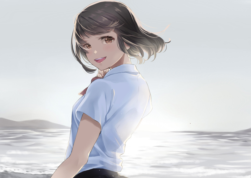 1girl arched_back backlighting blue_shirt blue_sky brown_eyes brown_hair day from_side hair_blowing halha_20 head_tilt highres horizon looking_at_viewer looking_back mountain ocean open_mouth original outdoors school_uniform shirt shore short_hair short_sleeves sky smile solo standing upper_body upper_teeth wind