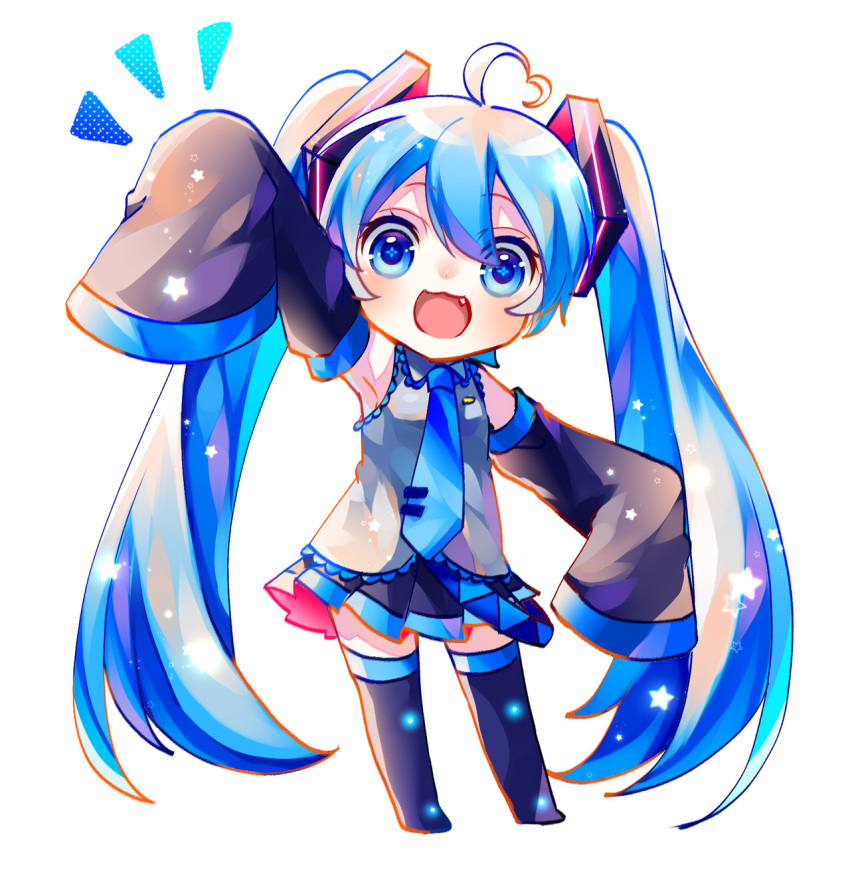 1girl :3 :d absurdly_long_hair ahoge bangs black_footwear black_skirt blue_eyes blue_hair boots chibi detached_sleeves fang frilled_shirt frilled_shirt_collar frills grey_shirt hair_between_eyes hatsune_miku heart_ahoge highres long_hair looking_at_viewer notice_lines open_mouth pleated_skirt shirayuki_towa shirt simple_background skirt sleeves_past_fingers sleeves_past_wrists smile solo star thigh-highs thigh_boots very_long_hair vocaloid white_background