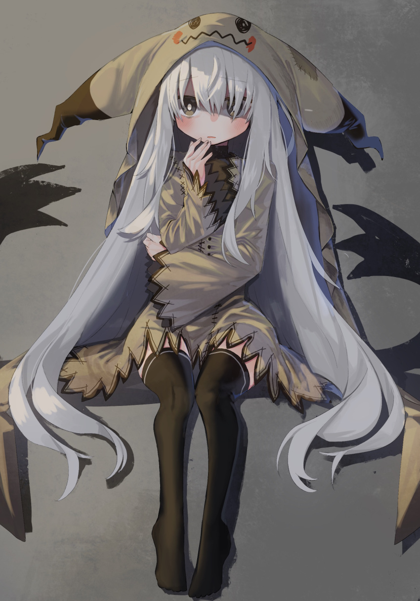 1girl bangs black_legwear blush brown_dress brown_eyes commentary_request daifukumochi_(akaaokiiwo) dress eyebrows_visible_through_hair fingernails full_body gen_7_pokemon grey_background grey_hair hair_over_one_eye hand_up highres hood long_hair long_sleeves looking_at_viewer mimikyu no_shoes parted_lips personification pokemon sitting sleeves_past_wrists solo thigh-highs very_long_hair wide_sleeves