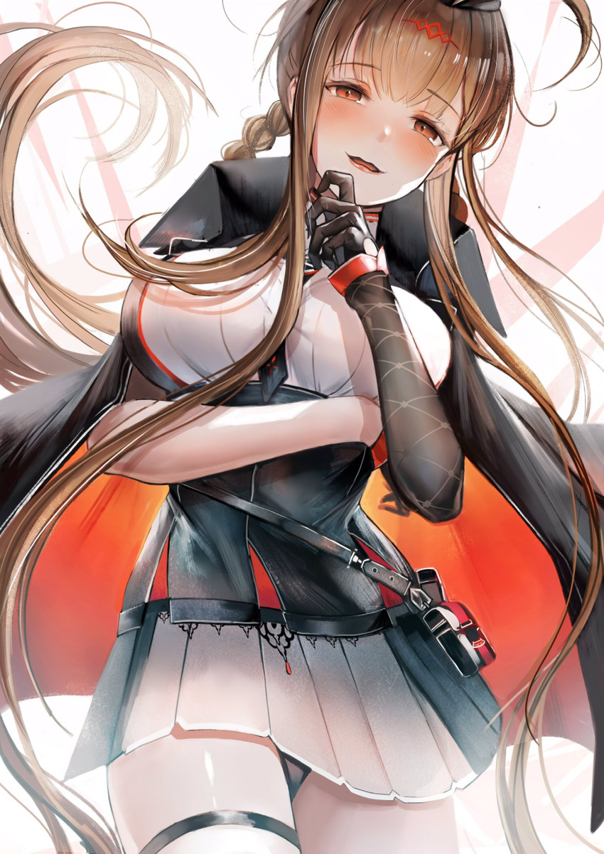 1girl :d arm_across_waist bangs bare_shoulders beret black_gloves black_panties blunt_bangs blush braid breasts brown_hair cloak cowboy_shot dsr-50_(girls_frontline) eyebrows_visible_through_hair floating_hair framed_breasts girls_frontline gloves grey_skirt half_gloves hand_up hat head_tilt highres large_breasts long_hair long_sleeves looking_at_viewer miniskirt necktie open_mouth panties parayang_33 pleated_skirt pouch red_eyes sidelocks skirt smile solo tareme thigh_strap underwear very_long_hair