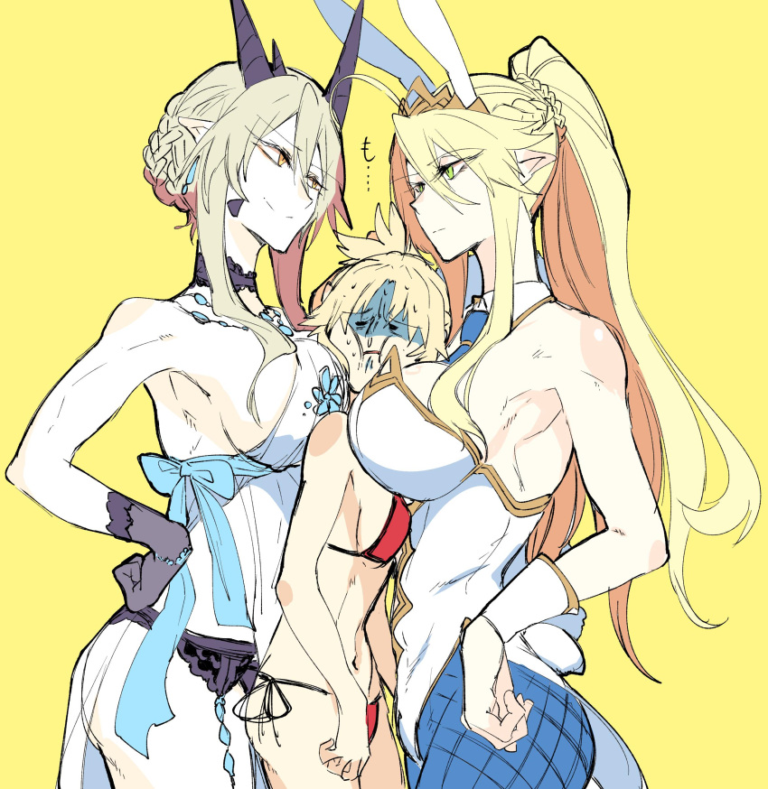 3girls absurdres animal_ears armpits artoria_pendragon_(all) artoria_pendragon_(lancer_alter) between_breasts bikini blonde_hair braid breasts bunny_tail bunnysuit character_request cowboy_shot fate/grand_order fate_(series) french_braid green_eyes hair_between_eyes hands_on_hips highres large_breasts long_hair mordred_(fate)_(all) mordred_(swimsuit_rider)_(fate) multiple_girls pointy_ears rabbit_ears shaded_face side-tie_bikini sideboob small_breasts sweat swimsuit tail takatsuki_nato yellow_background yellow_eyes