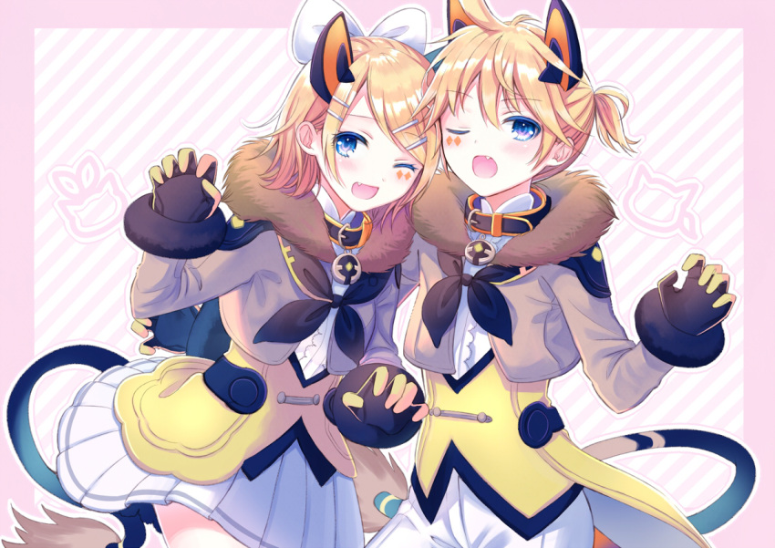 1boy 1girl animal_ears bangs belt blonde_hair blue_eyes bow claw_pose collar commentary diamond_(shape) facial_tattoo fang forehead-to-forehead frilled_shirt frills fur-trimmed_jacket fur_trim gloves hair_bow hair_ornament hairclip hand_up jacket kagamine_len kagamine_rin kashiwabara_en lion_ears neckerchief one_eye_closed open_mouth pants shirt short_hair short_ponytail siblings skirt smile spiky_hair striped striped_background swept_bangs tattoo twins upper_body vest vocaloid white_bow white_pants white_skirt