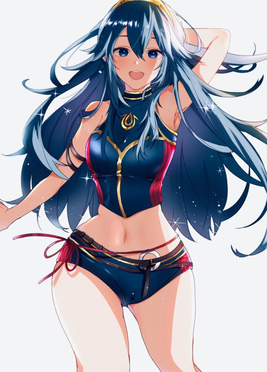 1girl alternate_costume arm_behind_head armpits bare_shoulders blue_eyes blue_hair blue_shorts blush commentary_request crop_top fire_emblem fire_emblem_awakening fire_emblem_heroes highres hip_focus long_hair looking_at_viewer lucina lucina_(fire_emblem) navel nekolook open_mouth red_ribbon ribbon shirt short_shorts shorts sleeveless sleeveless_shirt thighs tiara