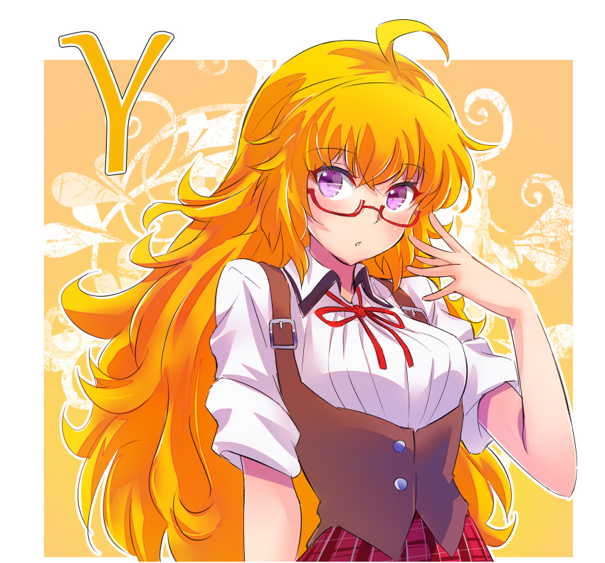 1girl absurdres ahoge alternate_costume blonde_hair blouse bodice breasts commentary_request glasses highres iesupa large_breasts long_hair neck_ribbon plaid plaid_skirt ribbon rwby school_uniform skirt solo wavy_hair white_blouse yang_xiao_long