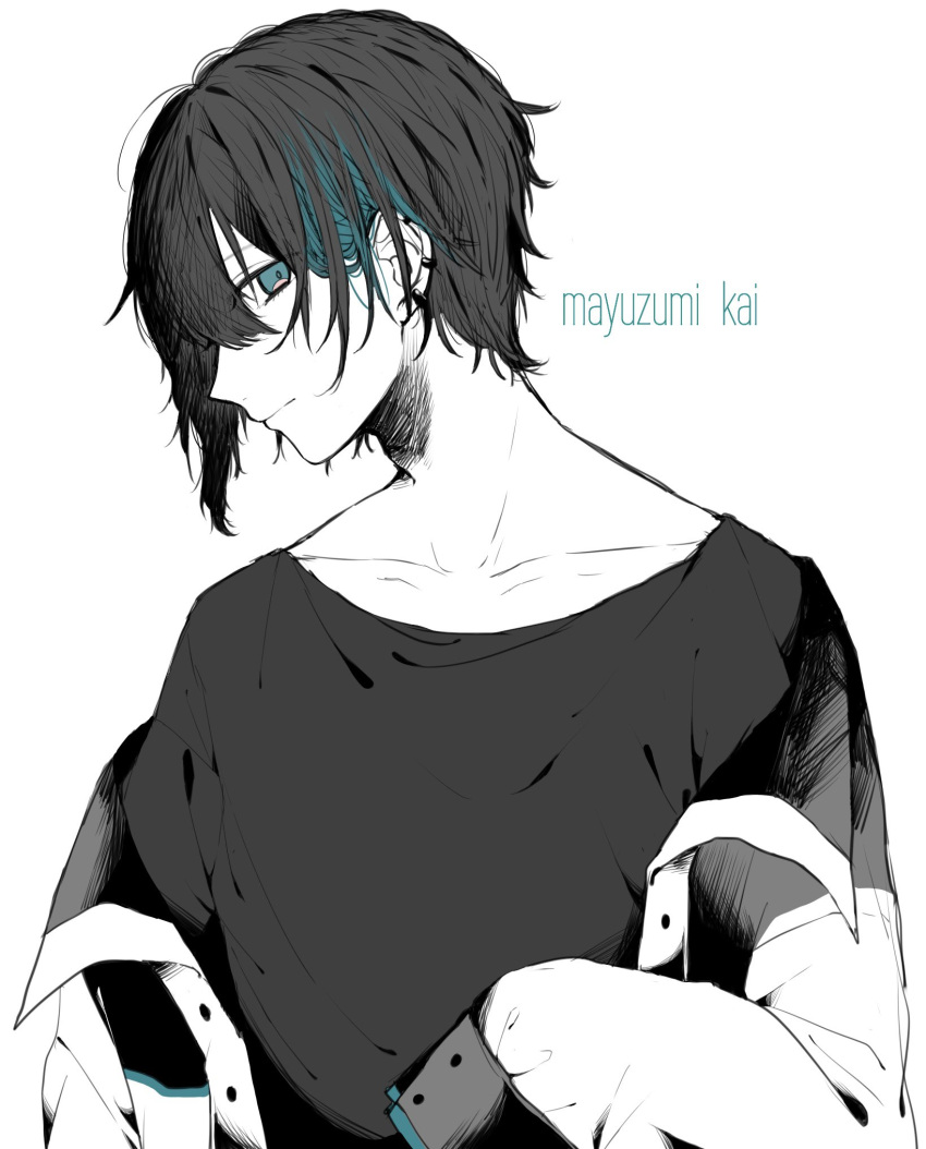 1boy black_hair black_shirt blue_eyes blue_hair character_name closed_mouth collarbone commentary ear_piercing highres ichijiku_(user_yhjw8354) jacket jacket_removed looking_at_viewer mayuzumi_kai multicolored_hair nijisanji piercing shirt spot_color streaked_hair virtual_youtuber white_jacket