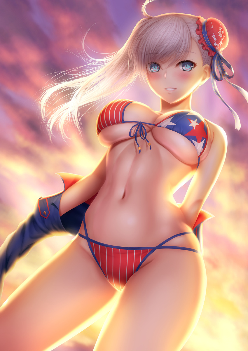1girl american_flag_bikini ass_visible_through_thighs backlighting bangs bikini blue_eyes blue_ribbon blush breasts bun_cover clouds cloudy_sky commentary_request cowboy_shot evening eyebrows_visible_through_hair fate/grand_order fate_(series) flag_print front-tie_bikini front-tie_top hair_ribbon highres large_breasts long_hair looking_at_viewer masatoki miyamoto_musashi_(fate/grand_order) miyamoto_musashi_(swimsuit_berserker)_(fate) navel outdoors parted_lips pink_lips ribbon sky smile solo star star_print stomach striped sunlight swept_bangs swimsuit under_boob undressing vertical-striped_bikini vertical_stripes