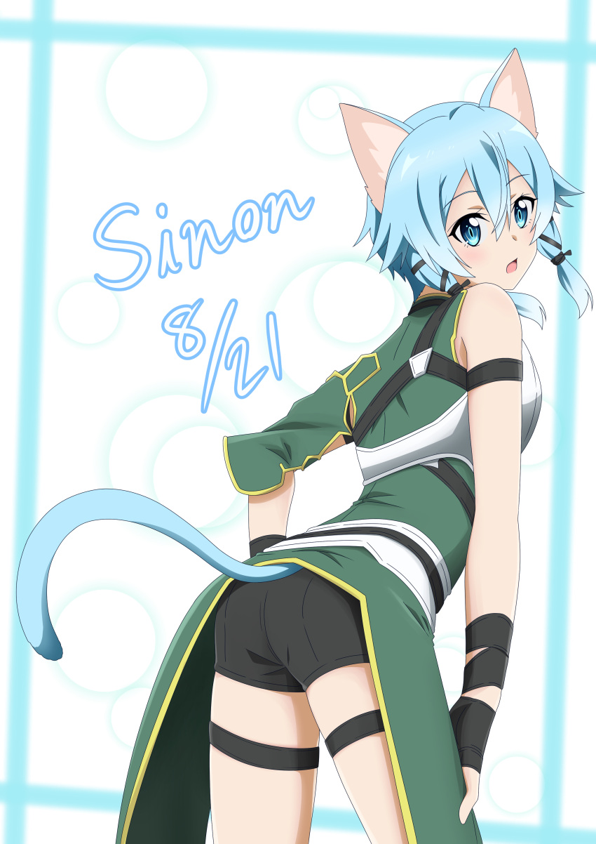 1girl absurdres animal_ears ass bangs bare_shoulders black_shorts blue_eyes blue_hair breastplate cat_ears cat_tail character_name commentary_request dated freekenji422 from_behind gloves green_jacket hair_between_eyes hair_ribbon highres jacket looking_at_viewer open_mouth ribbon short_hair short_hair_with_long_locks short_shorts shorts sidelocks sinon_(sao-alo) solo sword_art_online tail