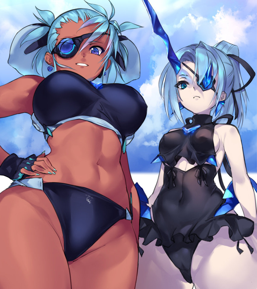 2girls alternate_costume bare_shoulders bikini black_bikini blue_eyes blue_hair blue_nails blush breasts casual_one-piece_swimsuit closed_mouth clouds cloudy_sky commentary_request covered_navel dark_skin day earrings eyepatch frilled_swimsuit frills from_below groin hand_on_hip highres horn jewelry long_hair looking_at_viewer looking_down medium_breasts mikumari_(xenoblade) multiple_girls nail_polish navel negresco one-piece_swimsuit one_eye_covered open_mouth outdoors pale_skin seori_(xenoblade) short_hair sideboob simple_background sky smile swimsuit twintails white_background xenoblade_(series) xenoblade_2