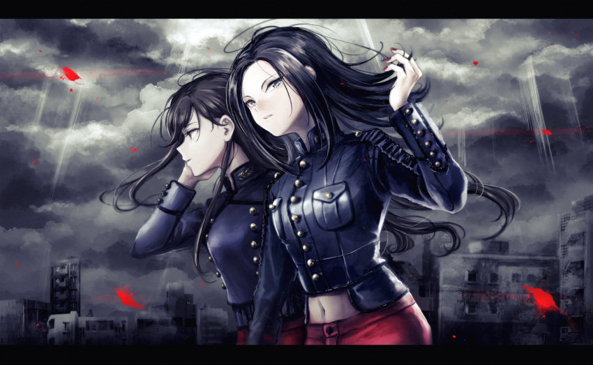 2girls bang_dream! black_eyes black_hair black_jacket breast_pocket building green_eyes hanazono_tae hand_in_hair highres jacket layer_(bang_dream!) leather leather_jacket letterboxed long_sleeves multiple_girls nail_polish navel_cutout no_bangs outdoors overcast parted_lips petals pocket red_nails shiontaso upper_body