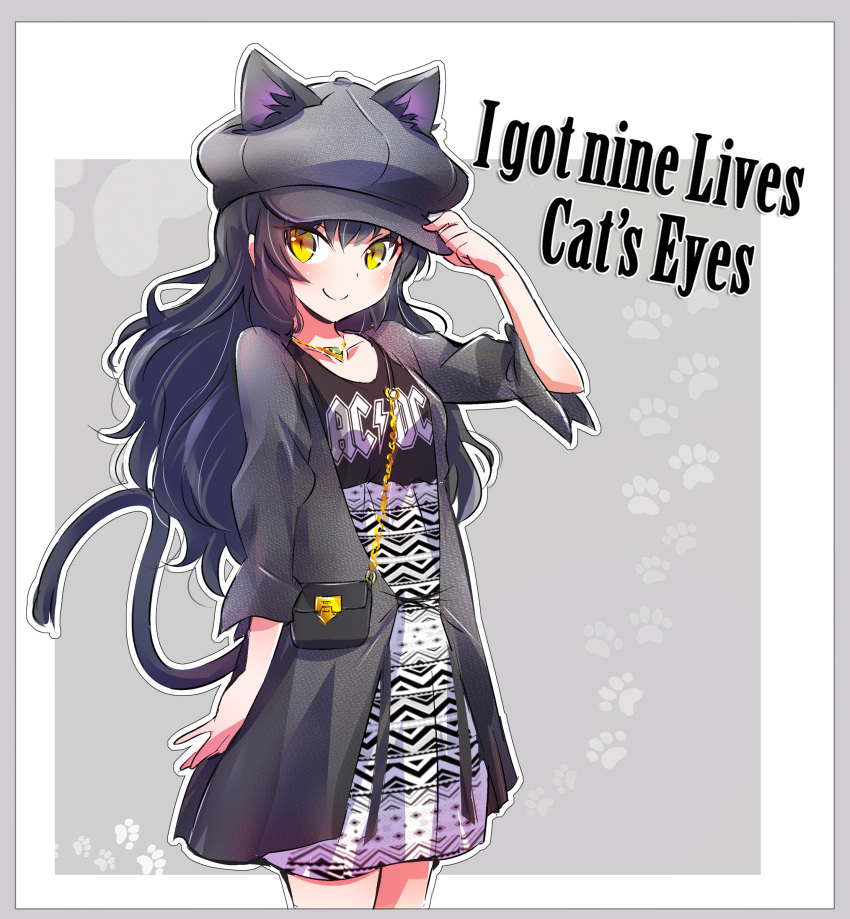 1girl absurdres acdc alternate_costume animal_ears bag black_bag black_hair blake_belladonna cat_ears cat_tail chain collarbone commentary_request dress english_text eyebrows_visible_through_hair handbag hat highres iesupa jacket long_hair looking_at_viewer rwby smile solo tail wavy_hair yellow_eyes
