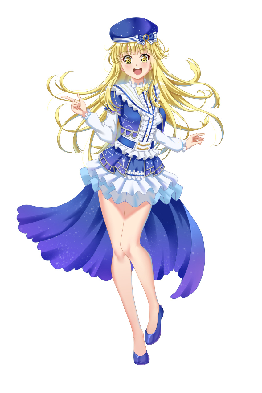 1girl :d absurdres bang_dream! bangs beret blonde_hair blue_cape blue_footwear blue_headwear blush bow bowtie cape center_frills constellation_print dress frilled_shirt_collar frilled_sleeves frills full_body hat hat_bow highres index_finger_raised long_hair long_sleeves open_mouth print_dress simple_background smile solo standing striped striped_bow tsurumaki_kokoro waist_cape white_background yellow_eyes yellow_neckwear yohane_yoshiko