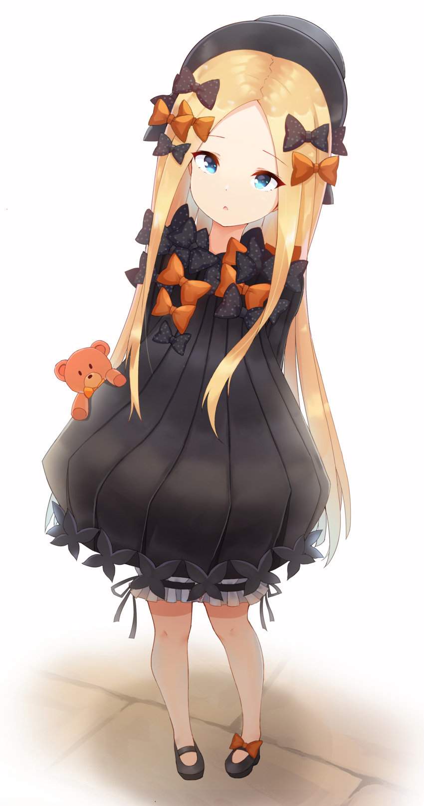 1girl :o abigail_williams_(fate/grand_order) absurdres arms_behind_back bangs black_bow black_dress black_footwear black_headwear blonde_hair bloomers blue_eyes bow bug butterfly commentary_request dress eyebrows_visible_through_hair fate/grand_order fate_(series) forehead hair_bow hat highres insect long_hair looking_at_viewer orange_bow parted_bangs parted_lips polka_dot polka_dot_bow shirokun0824 shoes solo stuffed_animal stuffed_toy teddy_bear underwear very_long_hair white_background white_bloomers