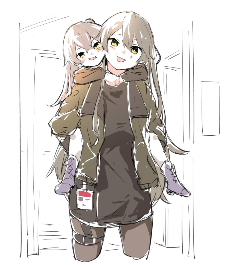 2girls boots brown_hair carrying commentary_request girls_frontline grey_hair highres id_card jacket multiple_girls pantyhose piggyback scar scar_across_eye shinoe_nun siblings sisters ump40_(girls_frontline) ump45_(girls_frontline) younger