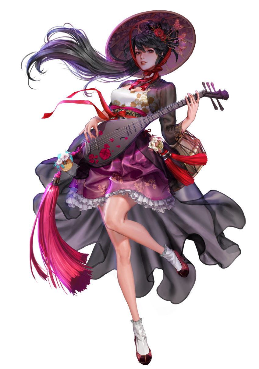 1girl absurdres bangs biwa_lute black_hair braid breasts drum floral_print flower frilled_skirt frills full_body hair_flower hair_ornament hanbok highres instrument korean_clothes long_hair looking_at_viewer lute_(instrument) medium_breasts original parted_lips purple_headwear purple_skirt red_eyes red_flower red_footwear red_neckwear red_ribbon ribbon simple_background skirt solo standing standing_on_one_leg tassel very_long_hair white_background white_legwear yuushi