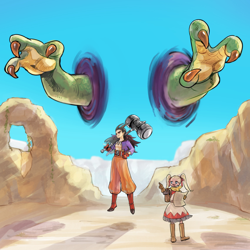 1boy 1girl belt black_hair blonde_hair blue_eyes boots brown_footwear brown_gloves claws desert dragon_quest dragon_quest_builders_2 dress female_builder_(dqb2) floating fringe_trim gloves hammer hand_on_hip haru_(d-s-c) highres knee_boots long_hair orange_pants over_shoulder pointing ponytail portal_(object) purple_shirt red_eyes red_footwear red_gloves scarf shirt shoes sidoh_(dqb2) smile spiky_hair spoilers standing twintails weapon weapon_over_shoulder yellow_scarf