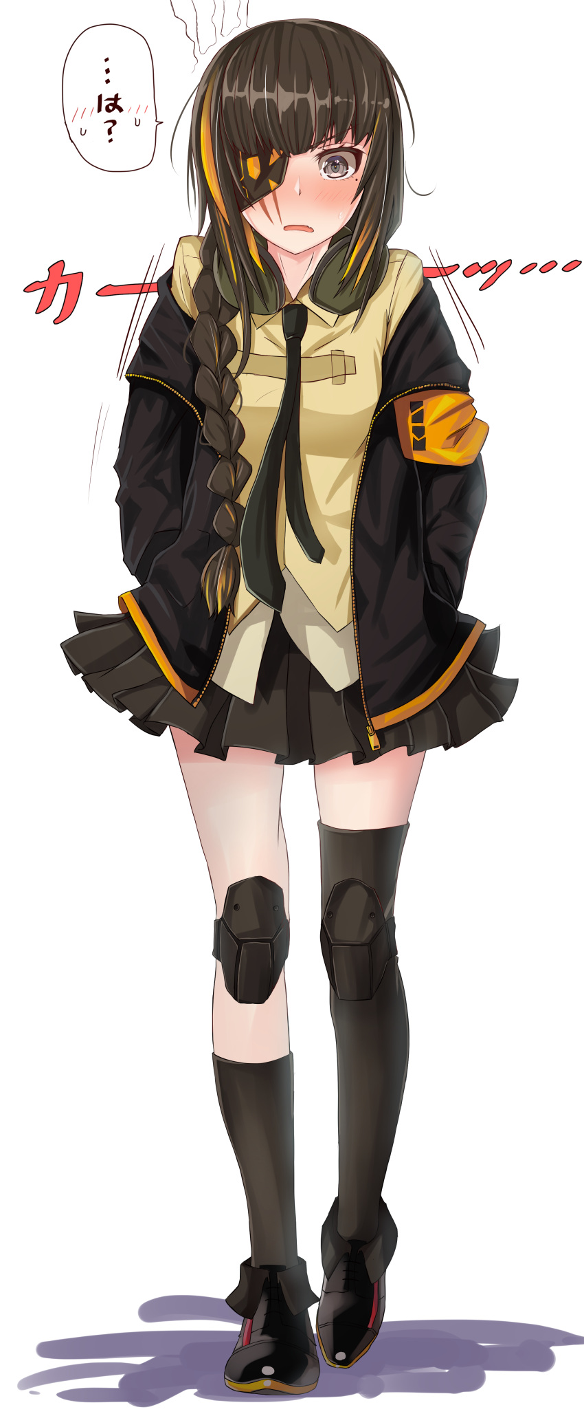 1girl absurdres asymmetrical_legwear black_footwear black_jacket black_legwear black_neckwear black_skirt blush braided_ponytail commentary_request eyebrows_visible_through_hair eyepatch full_body girls_frontline hands_in_pockets headphones headphones_around_neck highres jacket kahlua_(artist) knee_pads looking_at_viewer m16a1_(girls_frontline) mole mole_under_eye multicolored_hair necktie pleated_skirt ponytail scar scar_across_eye simple_background skirt solo speech_bubble streaked_hair sweatdrop thigh-highs translated white_background zettai_ryouiki