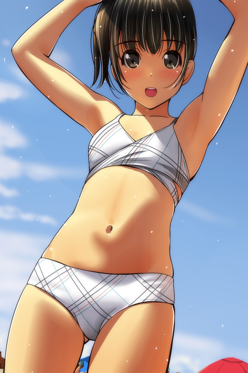 1girl :d absurdres armpits arms_up ass_visible_through_thighs bangs bare_arms bare_shoulders bikini black_hair blue_sky blush breasts brown_eyes clouds collarbone cowboy_shot day eyebrows_visible_through_hair hair_between_eyes highres matsunaga_kouyou navel one_side_up open_mouth original outdoors round_teeth short_hair sidelocks sky small_breasts smile solo swimsuit teeth upper_teeth white_bikini