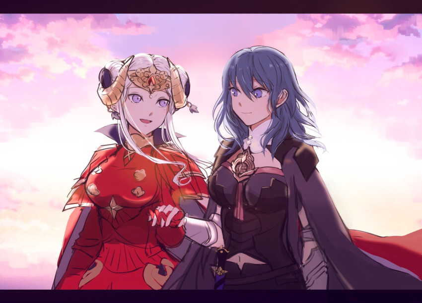 2girls armor blonde_hair blue_eyes breasts byleth_(fire_emblem) byleth_eisner_(female) cape closed_mouth couple doku_ringo36 edelgard_von_hresvelg fire_emblem fire_emblem:_three_houses gloves hair_ornament highres horns long_hair multiple_girls pantyhose red_cape short_hair simple_background smile upper_body yuri