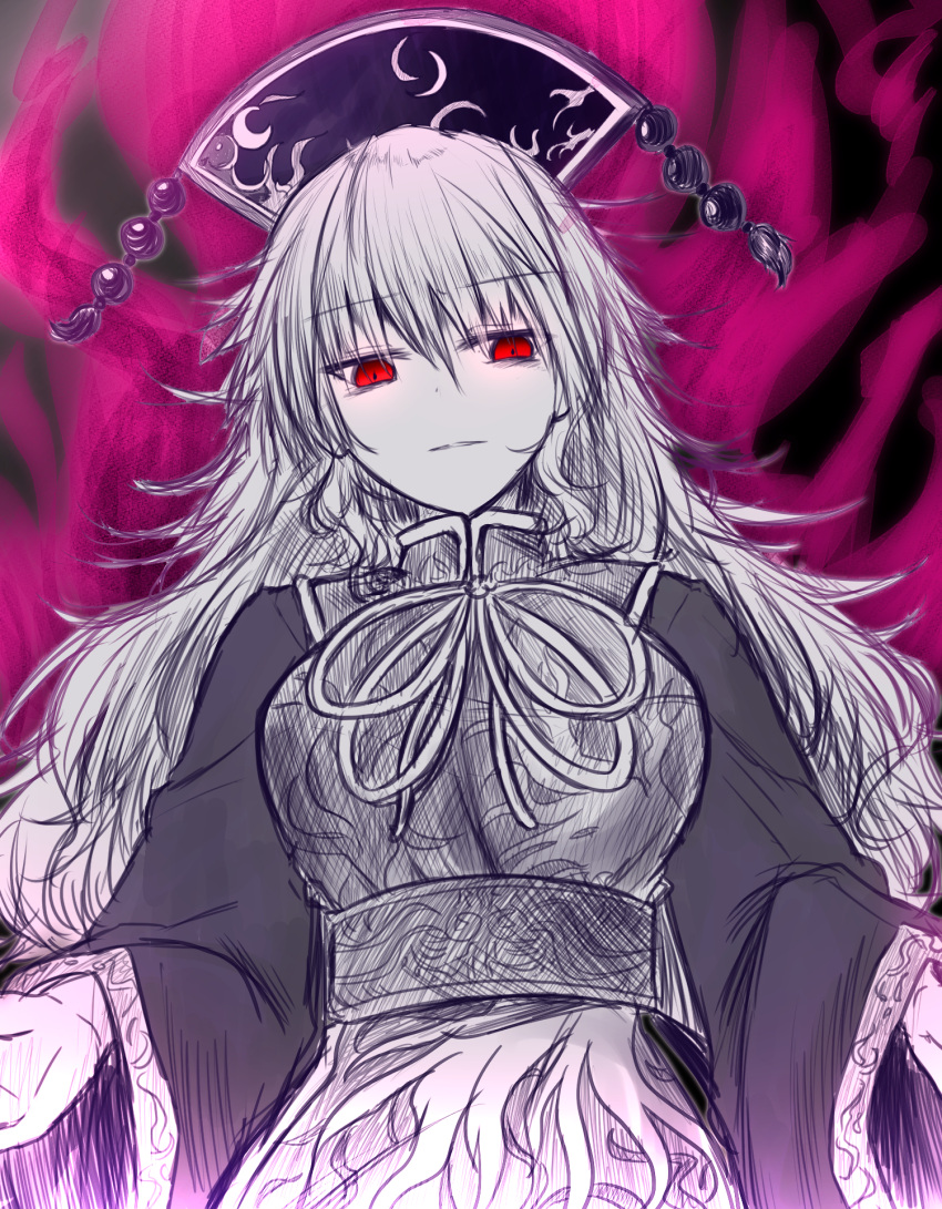 1girl aura bangs breasts commentary_request dress eyebrows_visible_through_hair hair_between_eyes headdress highres junko_(touhou) large_breasts limited_palette long_hair long_sleeves looking_at_viewer neck_ribbon oshiaki red_eyes ribbon sash sketch solo spot_color tabard tassel touhou upper_body wide_sleeves