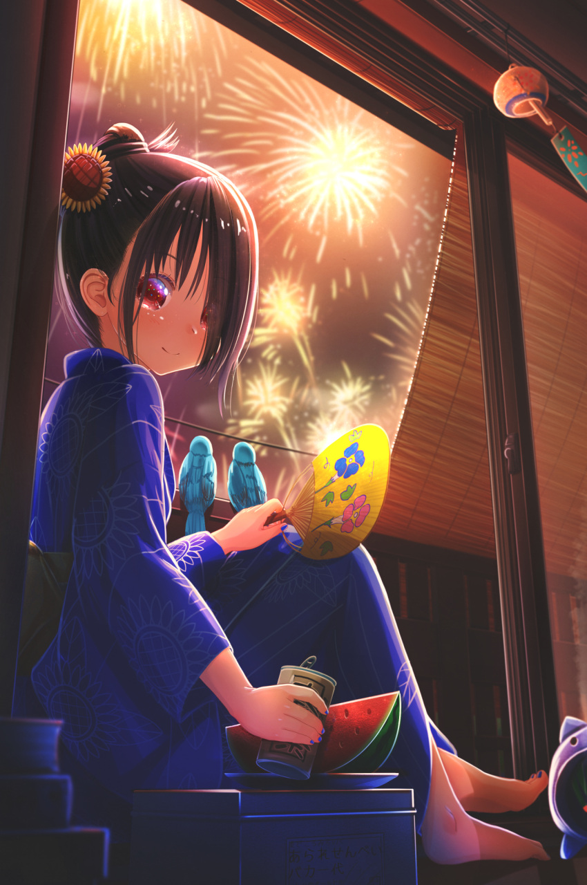 1girl abo_(kawatasyunnnosukesabu) animal barefoot bird black_hair blue_kimono blue_nails bluebird can commentary_request fan fireworks flower food fruit hair_bun hair_flower hair_ornament hair_over_one_eye highres holding holding_can holding_fan japanese_clothes kimono long_sleeves looking_at_viewer nail_polish original paper_fan plate red_eyes sidelocks sitting smile solo sunflower_hair_ornament toenail_polish uchiwa watermelon wind_chime yukata