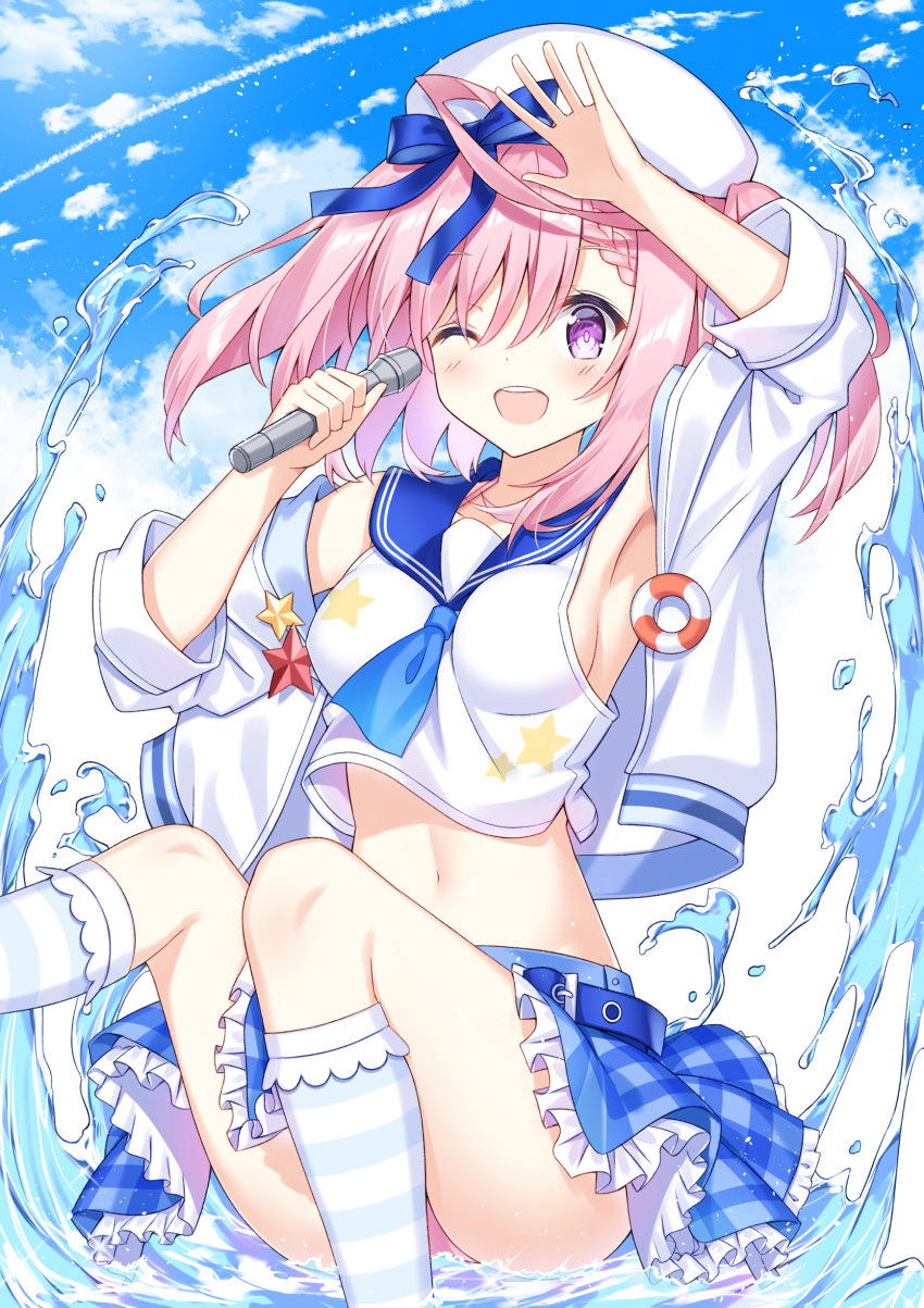 1girl ;d absurdres ahoge arm_up armpits ass azur_lane bare_shoulders belt beret blue_ribbon blue_sailor_collar blue_skirt blue_sky blush braid breasts clouds cloudy_sky condensation_trail crop_top crop_top_overhang frilled_skirt frills hand_up hat highres holding holding_microphone jacket kneehighs leg_up long_hair looking_at_viewer medium_breasts microphone midriff miniskirt navel off_shoulder one_eye_closed open_clothes open_jacket open_mouth pink_hair ribbon sailor_collar saratoga_(azur_lane) saratoga_(superstar_of_the_blue_seas)_(azur_lane) school_uniform serafuku shirt skirt sky sleeveless sleeveless_shirt smile solo sparkle striped striped_legwear takeg05 twintails violet_eyes water white_headwear white_jacket white_shirt