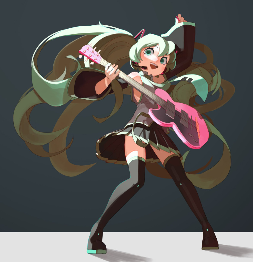 1girl :d arm_up armpit_peek backlighting bare_shoulders black_legwear black_skirt blue_eyes blue_hair blue_neckwear breasts commentary electric_guitar english_commentary eyelashes floating_hair full_body grey_background grey_shirt guitar happy hatsune_miku highres holding holding_instrument instrument legs_apart long_hair necktie open_mouth pleated_skirt plectrum shadow shirt simple_background skirt skirt_lift sleeveless sleeveless_shirt small_breasts smile solo standing teeth thigh-highs topdylan twintails upper_teeth very_long_hair vocaloid zettai_ryouiki