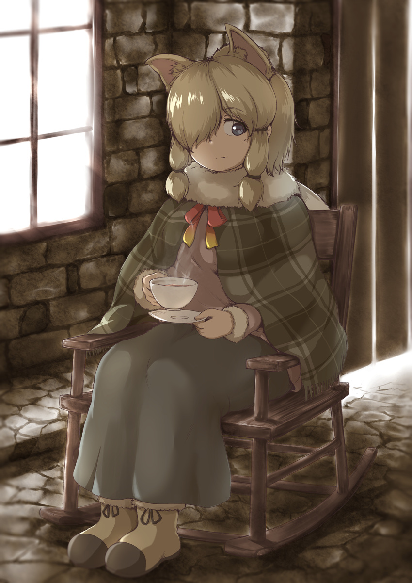 1girl alpaca_ears alpaca_suri_(kemono_friends) alternate_costume animal_ears bangs blonde_hair blue_eyes chair cloak closed_mouth cup day door extra_ears eyebrows_visible_through_hair full_body fur-trimmed_footwear fur-trimmed_sleeves fur_scarf fur_trim hair_over_one_eye highres holding holding_cup holding_saucer horizontal_pupils indoors kemono_friends light_smile long_skirt looking_at_viewer medium_hair neck_ribbon okyao parted_bangs plaid plaid_cloak ribbon rocking_chair saucer scarf shoes sidelocks sitting skirt solo steam sweater window