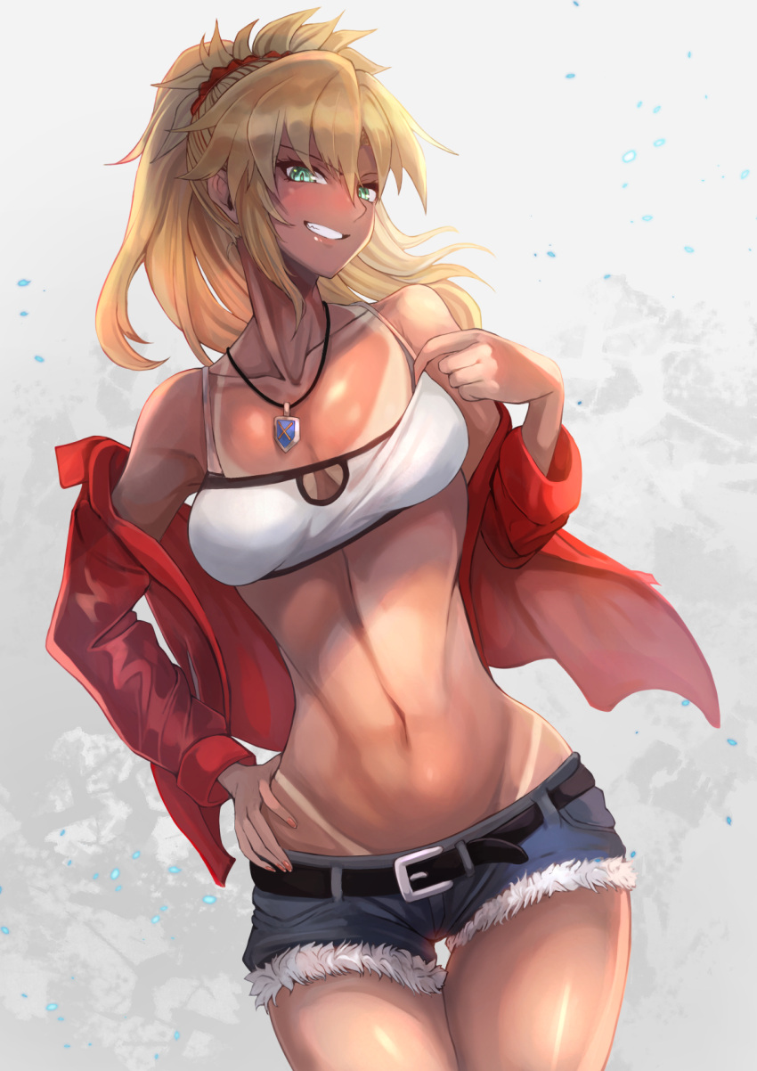 1girl bangs belt blonde_hair blush braid breasts buckle cowboy_shot denim denim_shorts eyebrows_visible_through_hair fate/grand_order fate_(series) green_eyes grin hair_ornament hand_on_hip highres jacket jewelry long_hair looking_at_viewer mordred_(fate) mordred_(fate)_(all) navel necklace off_shoulder ohako_(ohako1818) ponytail red_jacket scrunchie short_shorts shorts simple_background small_breasts smile solo stomach tan toned tsurime