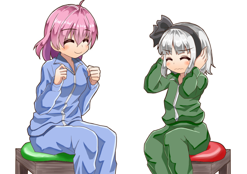 2girls ahoge alternate_costume arms_up balloon blush chair clenched_hands closed_eyes commentary_request covering_ears eyebrows_visible_through_hair hair_between_eyes konpaku_youmu multiple_girls no_hat no_headwear pink_hair saigyouji_yuyuko short_hair silver_hair simple_background sitting sitting_on_object smile sugiyama_ichirou touhou track_suit wavy_mouth white_background