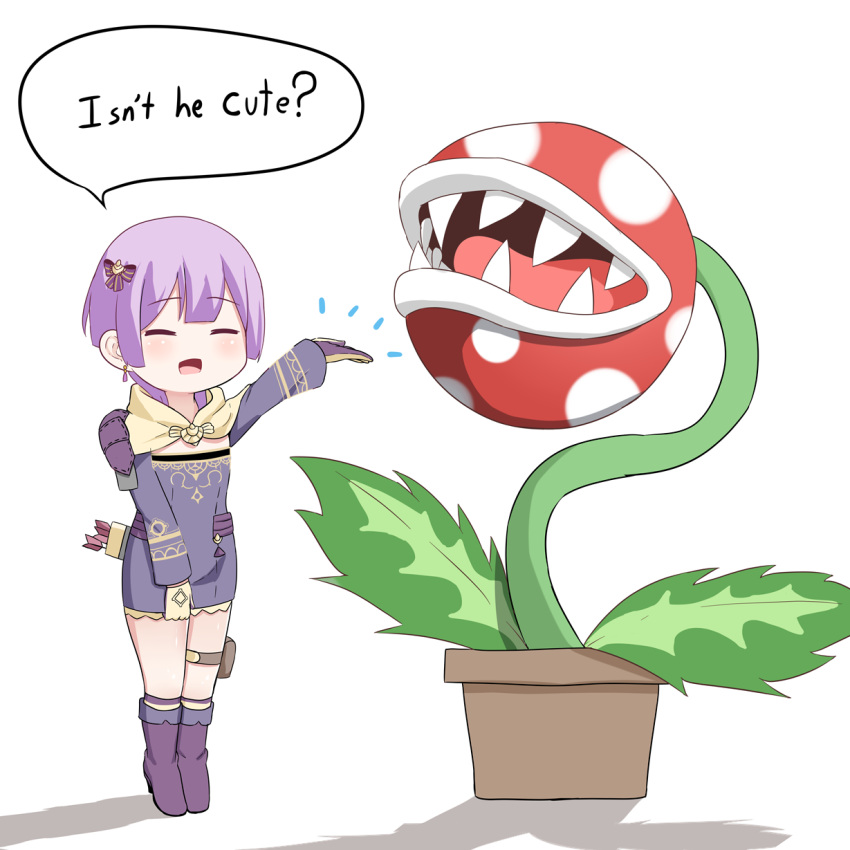 1girl 1other :d ^_^ arm_up arrow bangs bernadetta_von_varley blunt_bangs blush boots bow brown_gloves chibi closed_eyes commentary crossover dress earrings english_commentary english_text engrish_text fire_emblem fire_emblem:_three_houses fire_emblem:_three_houses gloves hair_bow highres human intelligent_systems jewelry knee_boots long_sleeves super_mario_bros. mengo nintendo nintendo_ead open_mouth outstretched_arm pauldrons piranha_plant plant potted_plant purple_bow purple_dress purple_footwear purple_hair quiver ranguage short_dress short_hair simple_background smile speech_bubble super_smash_bros. thigh_strap tiptoes white_background