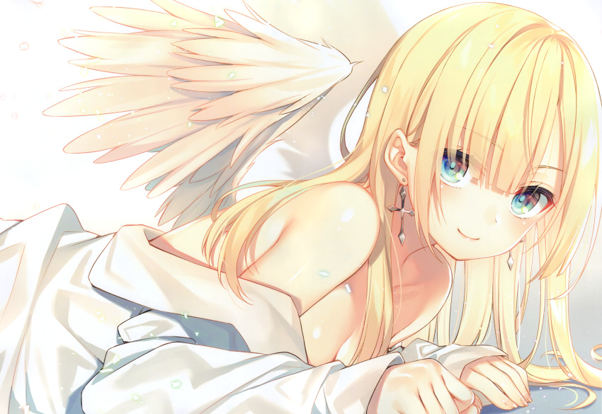 1girl absurdres bangs bare_shoulders blonde_hair blue_eyes blush closed_mouth cross cross_earrings earrings eyebrows_visible_through_hair feathered_wings fingernails highres huge_filesize jewelry lips looking_at_viewer lying off_shoulder on_stomach original shirt simple_background smile solo toosaka_asagi white_shirt wings