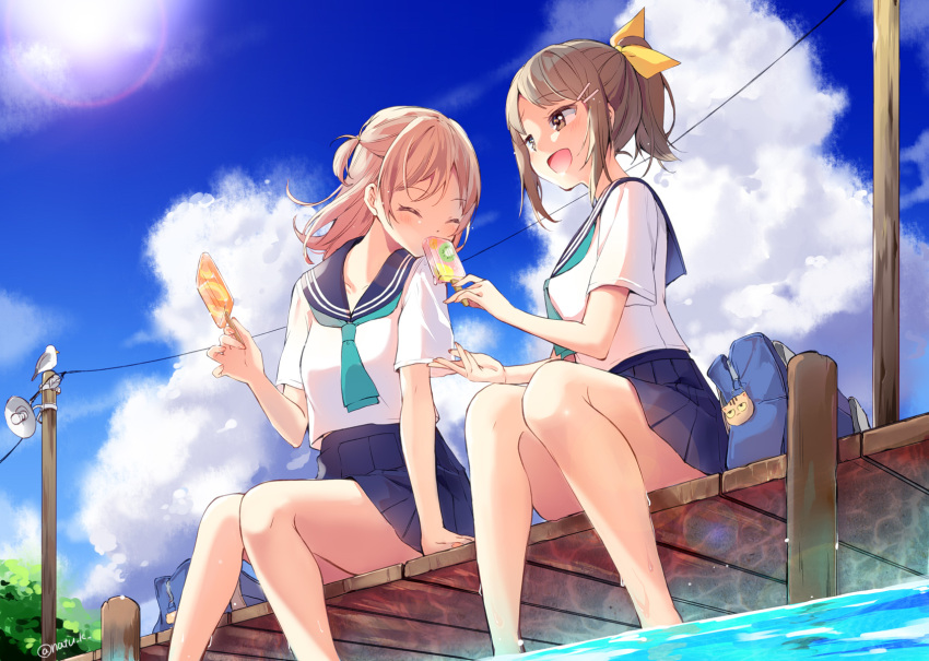2girls :d ^_^ aqua_neckwear bag bag_charm bangs bird blush brown_eyes brown_hair charm_(object) closed_eyes clouds commentary_request cupping_hand day food hair_ornament hairpin hat hazuki_natsu highres miniskirt multiple_girls navy_blue_skirt neckerchief open_mouth original outdoors pleated_skirt ponytail popsicle school_bag sharing_food short_sleeves sidelocks skirt smile soaking_feet telephone_pole twitter_username water
