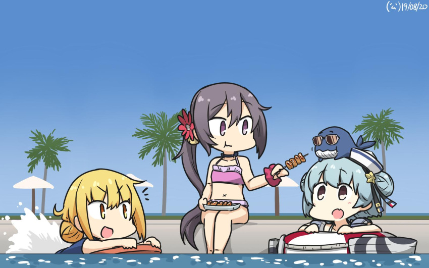 1other 3girls akebono_(kantai_collection) animal animal_on_head beach_umbrella bell bikini black_ribbon blonde_hair blue_hair blue_sky blue_swimsuit commentary_request dated day dixie_cup_hat double_bun fang flower food hair_bell hair_flower hair_ornament hamu_koutarou hat hat_ribbon highres innertube jingle_bell kantai_collection kebab kickboard little_blue_whale_(kantai_collection) long_hair low_twintails military_hat multiple_girls on_head open_mouth outdoors palm_tree pink_bikini poolside purple_hair ribbon samuel_b._roberts_(kantai_collection) satsuki_(kantai_collection) school_swimsuit short_hair side_ponytail skin_fang sky sunglasses swimsuit tree twintails umbrella very_long_hair violet_eyes whale white_headwear x_navel yellow_eyes