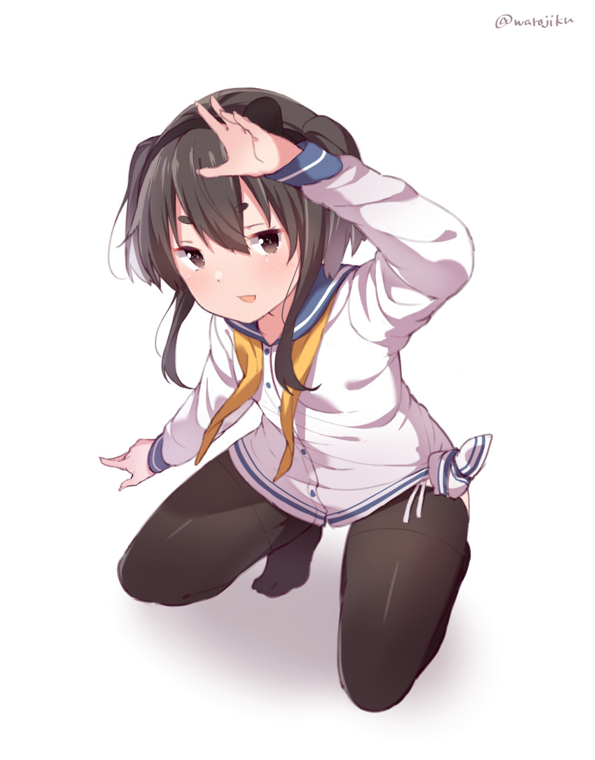 1girl absurdres black_eyes black_hair black_legwear commentary_request highres kantai_collection long_sleeves pantyhose sailor_collar shirt short_hair_with_long_locks simple_background solo squatting tied_shirt tokitsukaze_(kantai_collection) twitter_username warojiku white_background