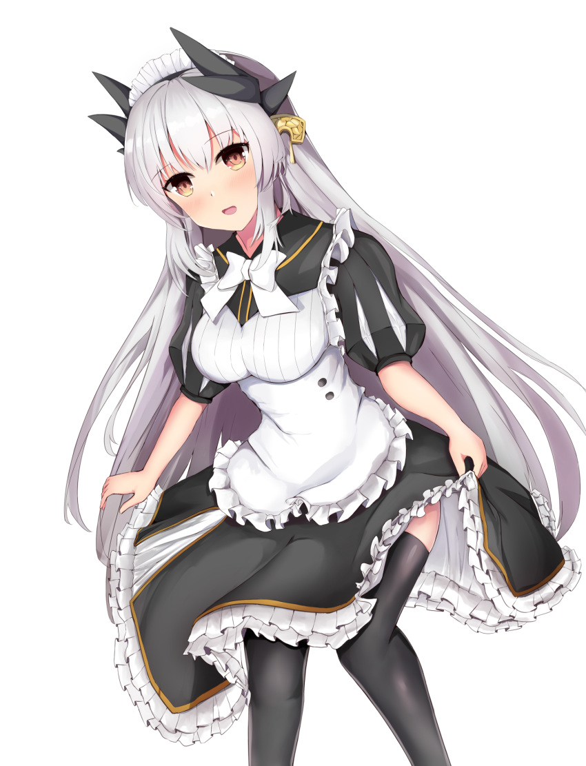 1girl alternate_costume apron black_dress black_legwear dragon_girl dragon_horns dress enmaided fate/grand_order fate_(series) grey_hair highres horns kiyohime_(fate/grand_order) long_hair maid maid_apron maid_headdress puffy_short_sleeves puffy_sleeves red_eyes short_sleeves simple_background solo taikoi7 thigh-highs waist_apron white_background