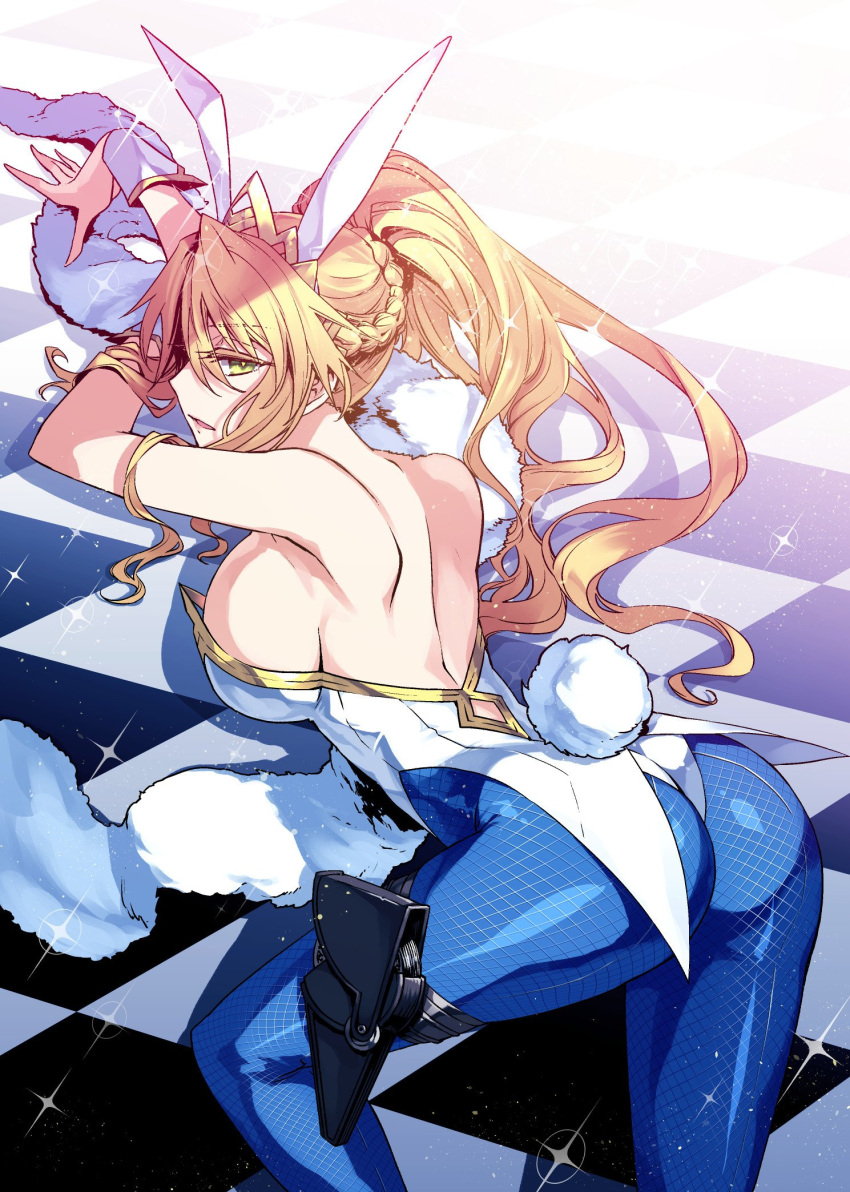 1girl all_fours animal_ears artoria_pendragon_(all) artoria_pendragon_(swimsuit_ruler)_(fate) ass bangs bare_shoulders blonde_hair blue_legwear braid breasts bunny_tail bunnysuit checkered checkered_floor detached_collar fate/grand_order fate_(series) fishnet_pantyhose fishnets french_braid green_eyes hair_between_eyes highres holster ishida_akira large_breasts leotard long_hair looking_at_viewer looking_back open_mouth pantyhose ponytail rabbit_ears sideboob sidelocks solo sparkle tail thighs tiara white_leotard wrist_cuffs