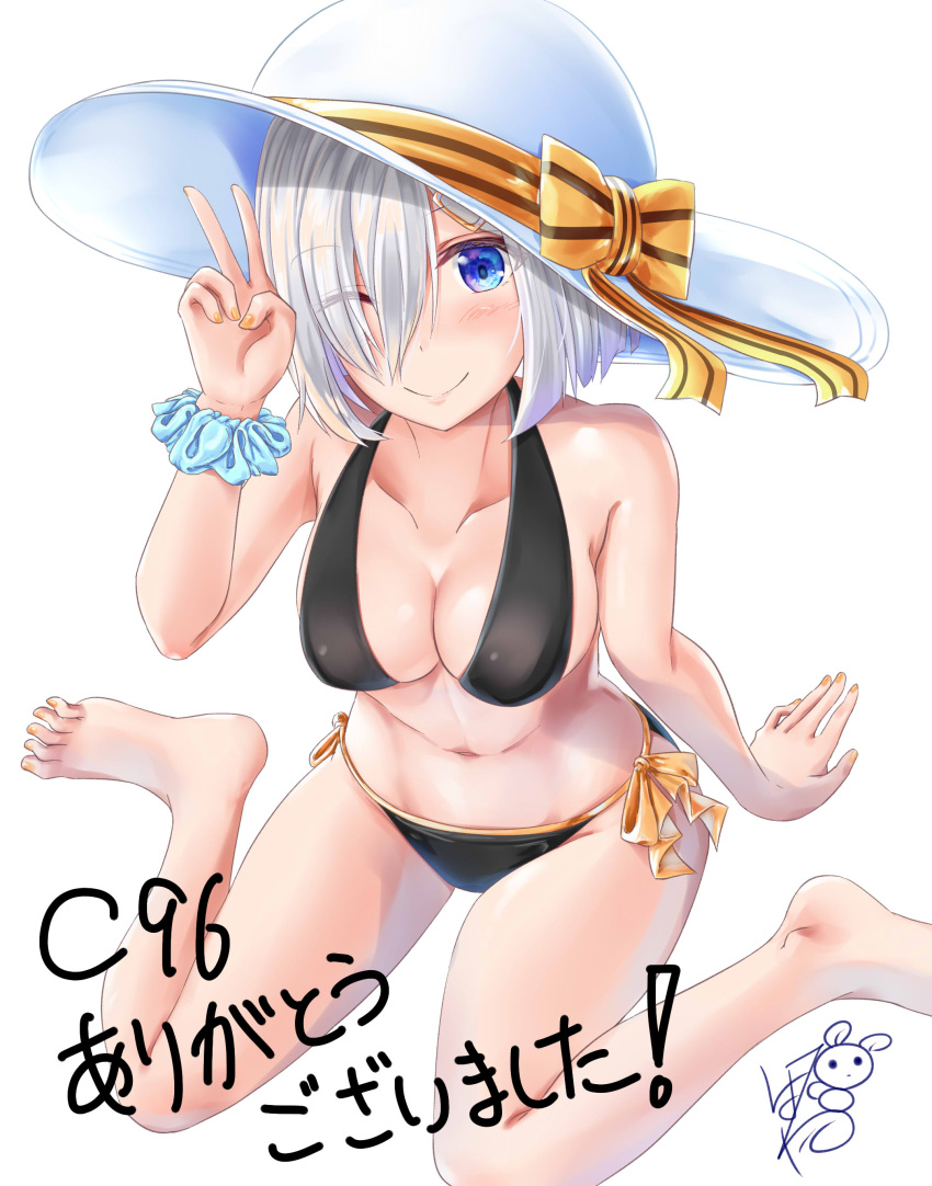 1girl absurdres aqua_scrunchie ayakase_hotaru barefoot bikini black_bikini blue_eyes commentary_request cover cover_page doujin_cover eyes_visible_through_hair full_body hair_ornament hair_over_one_eye hairclip hamakaze_(kantai_collection) hat highres kantai_collection looking_at_viewer one_eye_closed scrunchie short_hair signature silver_hair simple_background sitting smile solo sun_hat swimsuit translated wariza white_background white_headwear wrist_scrunchie