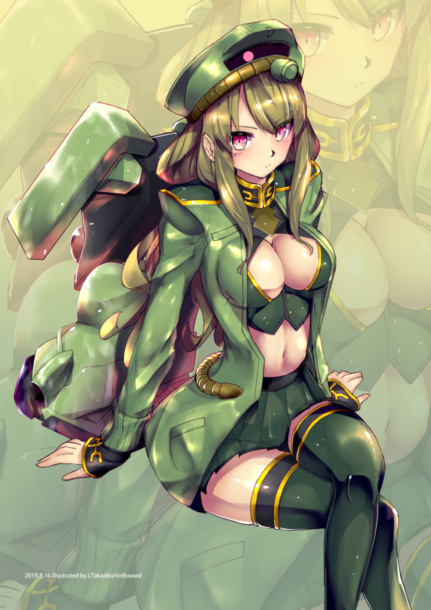1girl blush breasts embarrassed geara_zulu green_hair gundam gundam_unicorn hat highres i.takashi jacket large_breasts looking_at_viewer mecha mecha_musume open_clothes open_jacket personification red_eyes sitting skirt solo thigh-highs