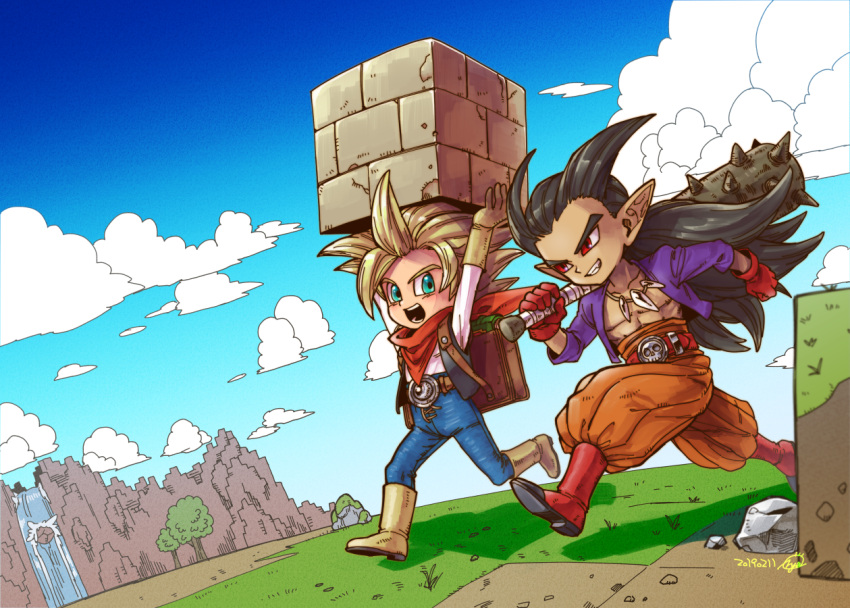 2boys :d aqua_eyes backpack bag belt black_hair black_vest blonde_hair blue_pants boots brown_footwear brown_gloves carrying clouds club dated dragon_quest dragon_quest_builders_2 gloves grin knee_boots long_hair male_builder_(dqb2) male_focus multiple_boys nishizawa_ichiya open_mouth orange_pants outdoors over_shoulder pants pointy_ears ponytail purple_shirt red_eyes red_footwear red_gloves red_scarf rock running scarf shirt shoes sidoh_(dqb2) signature skull_belt sky smile spiked_club spiky_hair tree vest weapon weapon_over_shoulder white_shirt