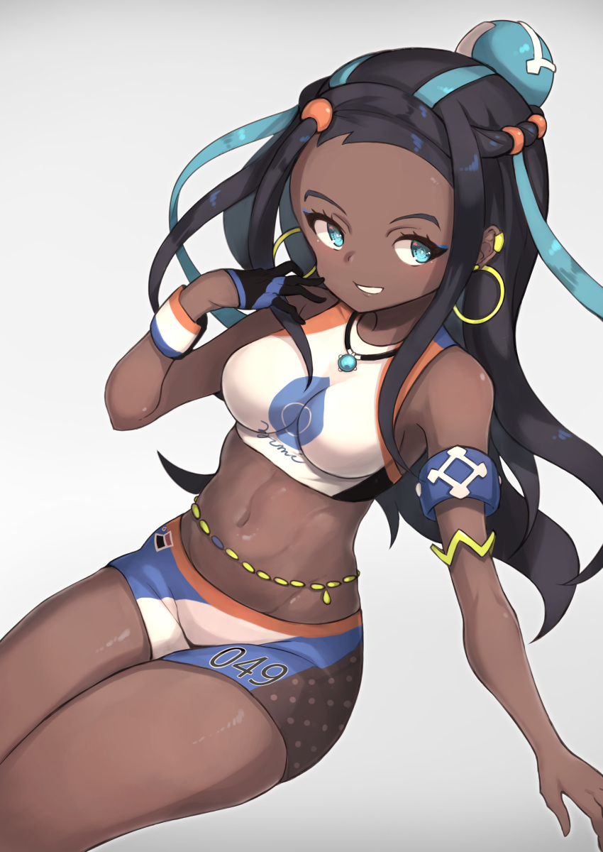 1girl absurdres bare_shoulders belly_chain black_hair blue_eyes blue_hair breasts commentary_request dark_skin earrings gloves grey_background grin gym_leader hair_bun highres hoop_earrings jewelry long_hair looking_at_viewer medium_breasts multicolored_hair navel necklace nene_(hong_kong) poke_ball pokemon pokemon_(game) pokemon_swsh rurina_(pokemon) simple_background single_glove smile solo swimsuit tankini two-tone_hair