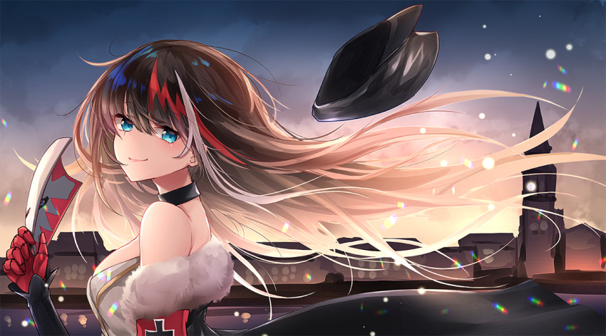 1girl azur_lane bangs black_hair black_headwear blue_eyes breasts closed_mouth deutschland_(azur_lane) floating_hair from_side fur_trim hat iron_cross jacket long_hair looking_at_viewer looking_to_the_side multicolored_hair oshishio peaked_cap redhead silver_hair smile solo streaked_hair upper_body very_long_hair wind