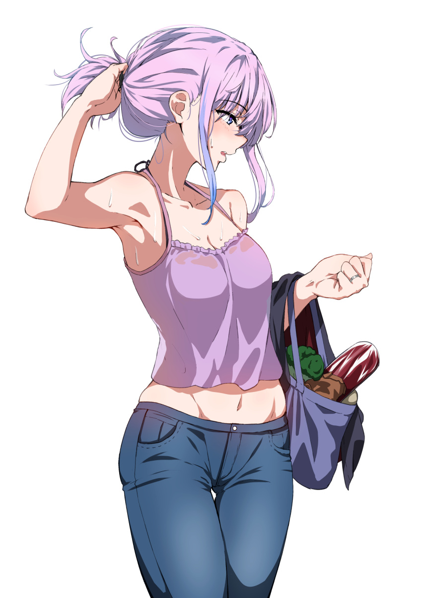 1girl absurdres adjusting_hair arm_up armpits ass_visible_through_thighs bare_shoulders bishi_(bishi) blue_hair breasts broccoli collarbone denim eyebrows_visible_through_hair frilled_camisole from_side girls_frontline groceries hair_between_eyes halterneck highres jeans jewelry legs_together medium_breasts medium_hair multicolored_hair navel open_mouth pants pink_hair profile purple_camisole ring shirt sidelocks simple_background solo st_ar-15_(girls_frontline) standing streaked_hair sweat thigh_gap wet wet_clothes wet_shirt