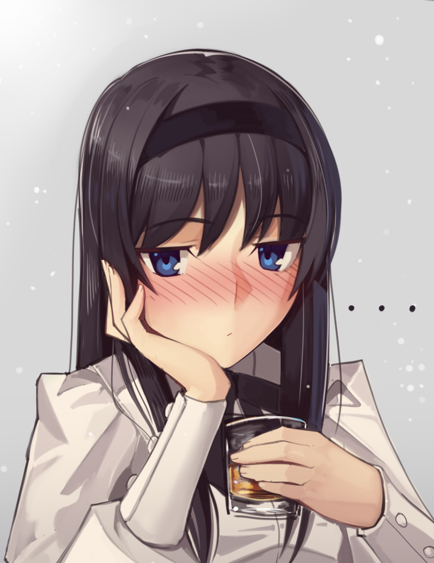 ... 1girl alcohol bangs black_hair black_hairband black_ribbon blouse blue_eyes blush boa_(brianoa) chin_rest closed_mouth cup drink drunk eyebrows_visible_through_hair grey_background hairband hand_on_own_cheek highres holding holding_cup long_hair long_sleeves looking_to_the_side neck_ribbon portrait ribbon sidelocks solo tohno_akiha tsukihime white_blouse