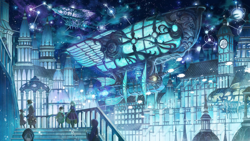 1boy 1girl aircraft airship blue_theme building city cityscape clouds commentary_request constellation fantasy highres leaf_(forcemsnk) multiple_others night night_sky original outdoors scenery sky snowing stairs star_(sky) starry_sky tower wide_shot winter