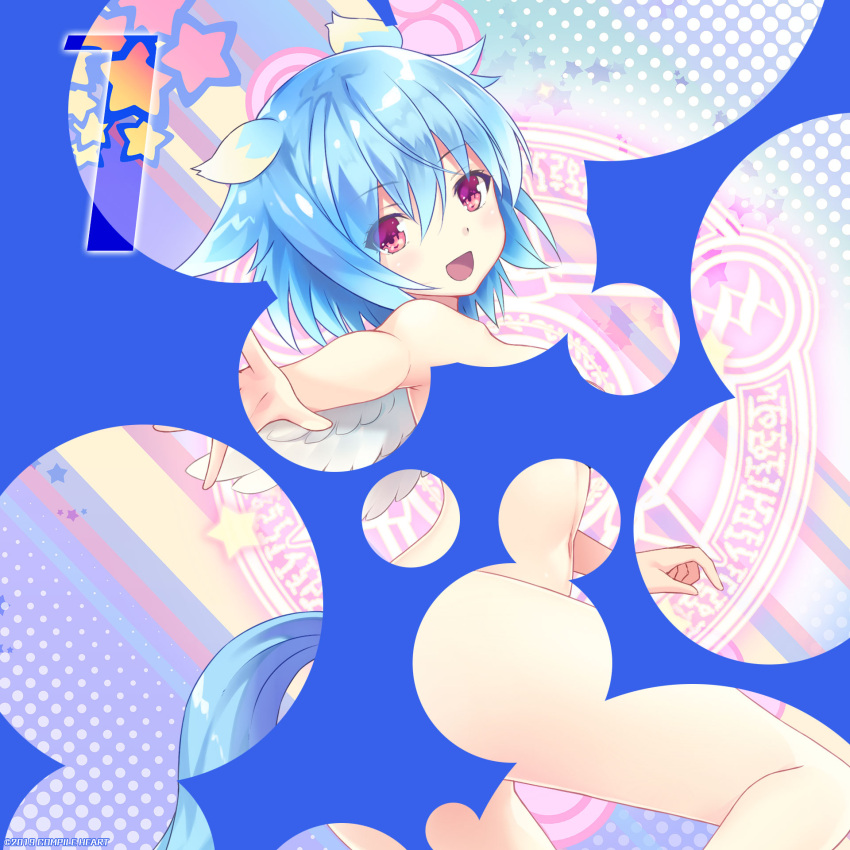 1girl angel_wings animal_ears bangs bare_shoulders blue_hair dog_ears highres looking_at_viewer looking_to_the_side moero_crystal navel official_art open_mouth outstretched_arm pink_eyes short_hair solo tail wings