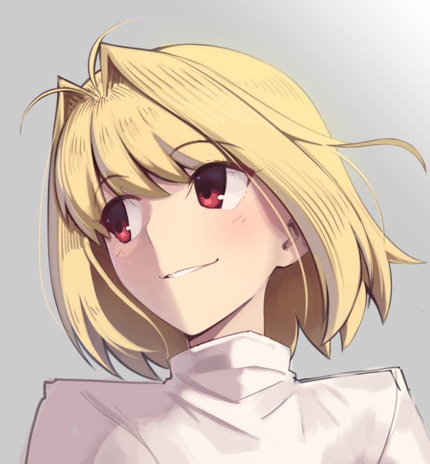 1girl antenna_hair arcueid_brunestud bangs blonde_hair blush boa_(brianoa) eyebrows_visible_through_hair grey_background hair_intakes highres looking_to_the_side portrait red_eyes short_hair sidelocks simple_background smile solo tsukihime