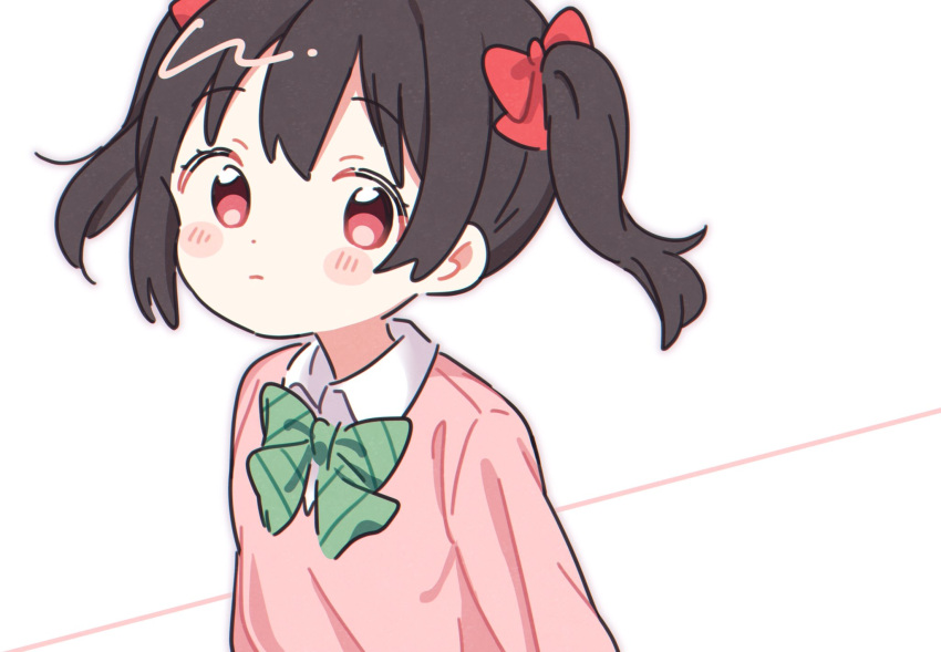 1girl bangs black_hair blush blush_stickers bow bowtie green_neckwear hair_bow highres looking_at_viewer love_live! love_live!_school_idol_project otonokizaka_school_uniform pink_cardigan red_bow red_eyes school_uniform simple_background solo striped striped_neckwear twintails upper_body white_background yashino_84 yazawa_nico