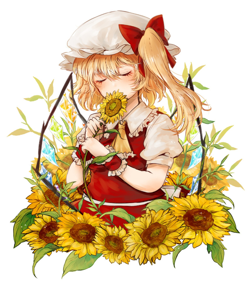 1girl arms_up bangs blonde_hair blush closed_eyes commentary covered_mouth cravat flandre_scarlet flower frilled_shirt_collar frills hair_between_eyes hat hat_ribbon highres holding holding_flower mob_cap puffy_short_sleeves puffy_sleeves red_skirt red_vest ribbon shirt short_hair short_sleeves side_ponytail simple_background skirt solo sunflower touhou vest white_background white_headwear white_shirt wings wrist_cuffs yellow_neckwear yuma_(yuuma_pants)